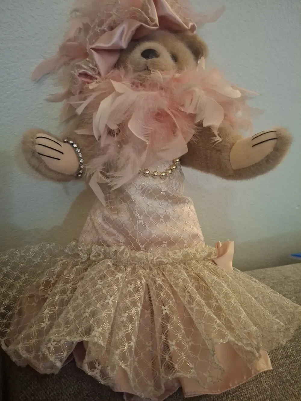 Bearly People Victorian BearPink Lace Pink Feather Hat Bear 14″ Granny Chic